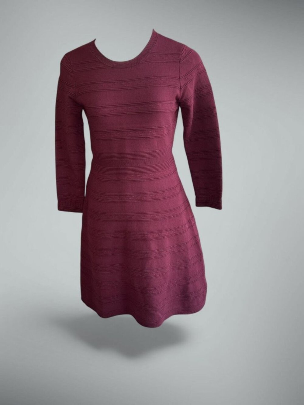 Eliza J. Dress Eggplant Wine Red Ribbed Knit Fit and Flare Long Sleeve Size M